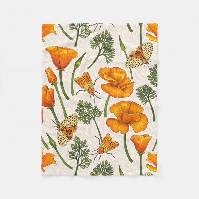 Kalifornien-Mohn und -Motten auf weiß 2 Fleecedecke (Vorderseite)
