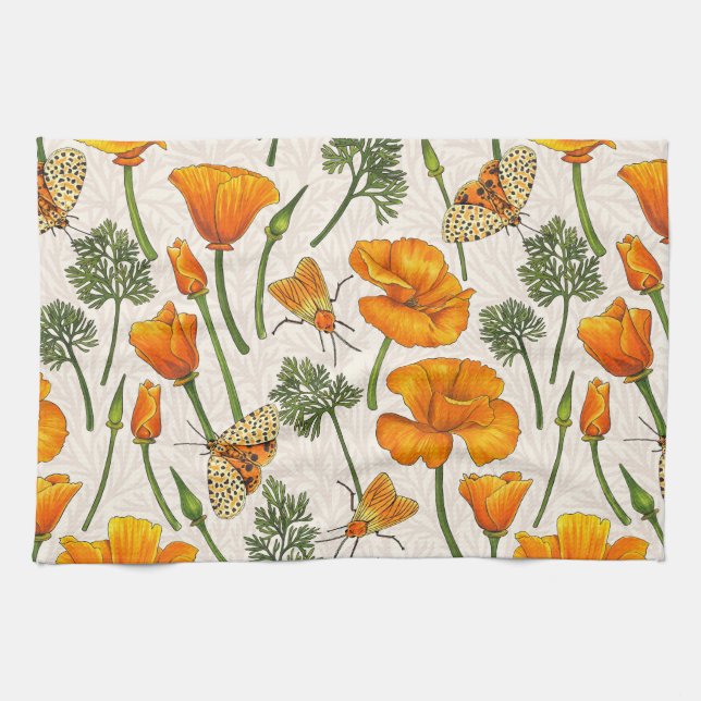 Kalifornien-Mohn und -Motten auf weiß 2 Geschirrtuch (Horizontal)