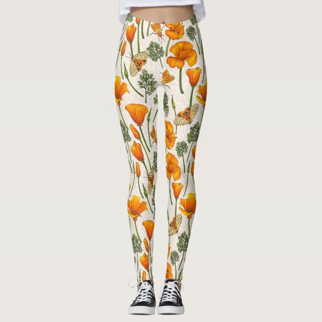 Kalifornien-Mohn und -Motten auf weiß 2 Leggings (Vorderseite)