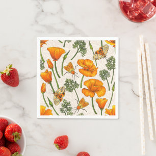 Kalifornien-Mohn und -Motten auf weiß 2 Serviette
