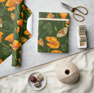 Kalifornien-Mohn und -Motten auf weiß Geschenkpapier