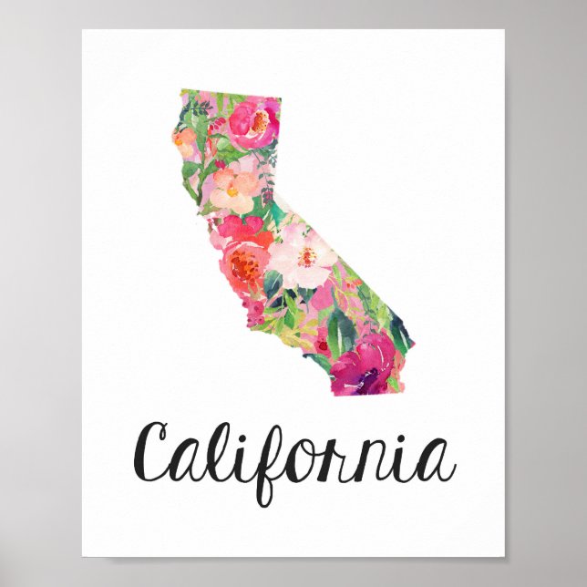 Kalifornien Print, Floral California Map Poster (Vorne)