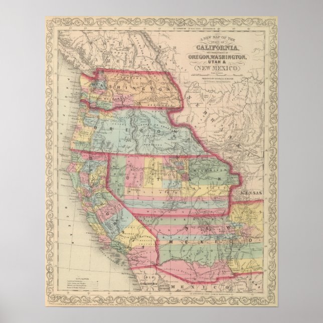 Kalifornien, Territorien von Oregon, Washington Poster (Vorne)