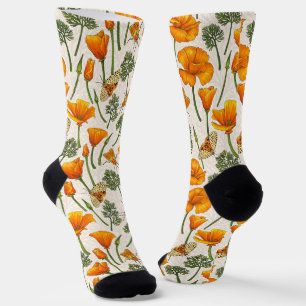 Kalifornische Mohnblumen und Motten auf cremeweiß Socken