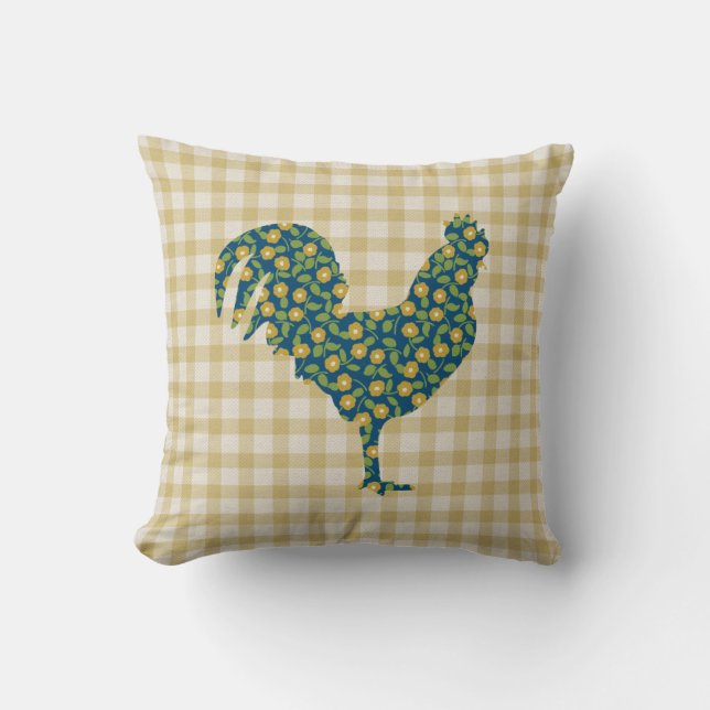 Kaliko-Hahn-Gingham-Muster-Blau-Gelbgrün Kissen (Vorderseite)