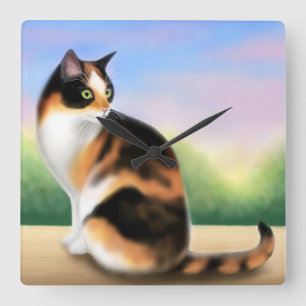 Kaliko-Katze an der Sonnenuntergang-Wanduhr Quadratische Wanduhr