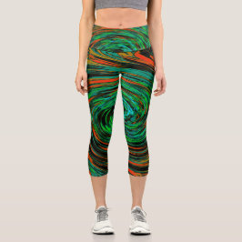 Kalkgrün und orange Abstrakter Retrowirbel Capri Leggings