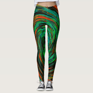 Kalkgrün und orange Abstrakter Retrowirbel Leggings