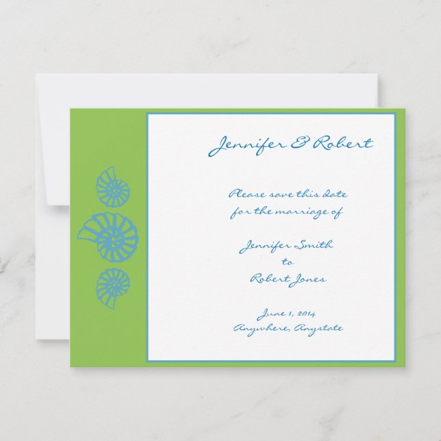 Kalkgrün und Türkis Seashell Save the Date (Vorderseite)