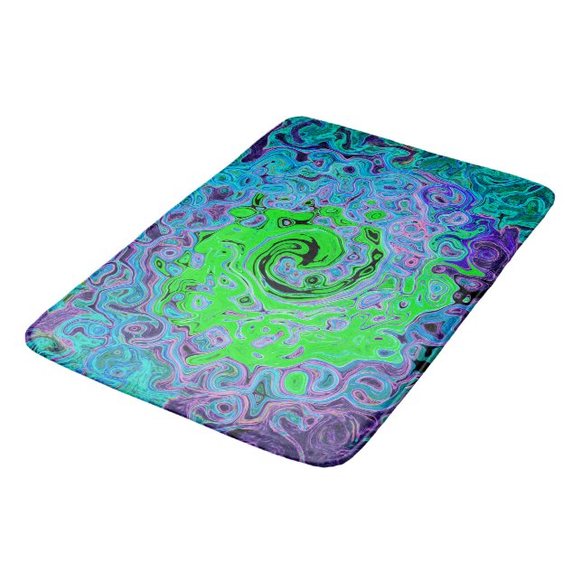 Kalkgrüner Groovy Abstrakt Retro Liquid Swirl Badematte (Schrägansicht)