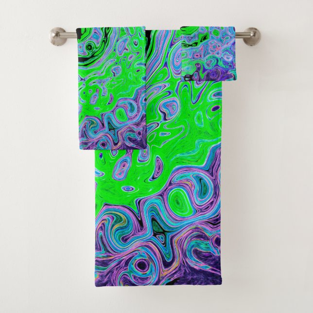 Kalkgrüner Groovy Abstrakt Retro Liquid Swirl Badhandtuch Set (Insitu)