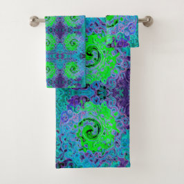Kalkgrüner Groovy Abstrakt Retro Liquid Swirl Badhandtuch Set