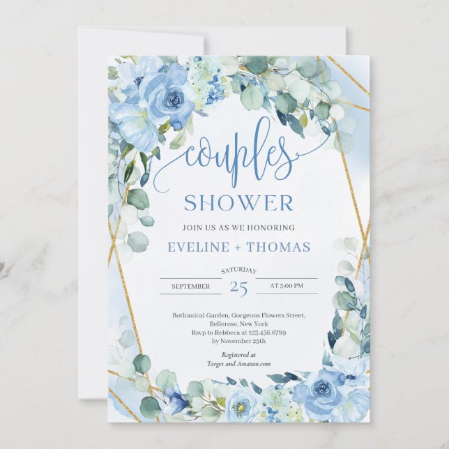 Kalligrafie Aquarellblau Blumenpaare Dusche Einladung (Vorderseite)