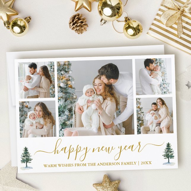 Kalligrafie Aquarellkiefern Neujahr Gold Feiertagskarte (Customize to add text to back of card.)