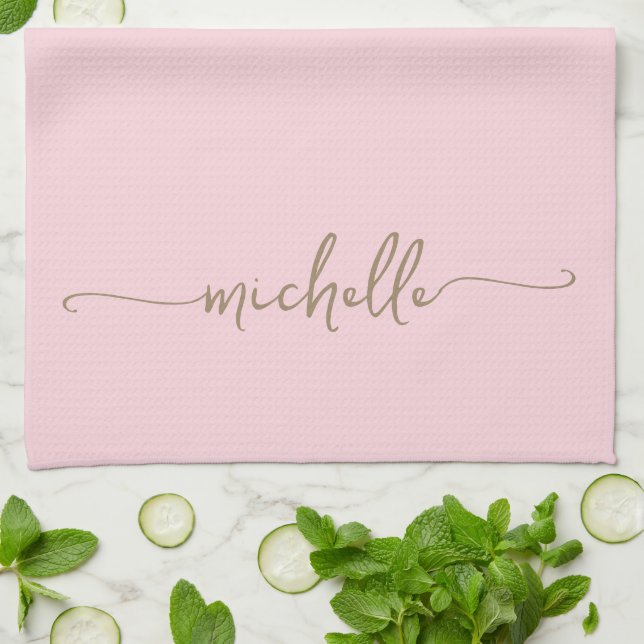 Kalligrafie Blush Pink Monogram Name Gold Script Geschirrtuch (Gefaltet)