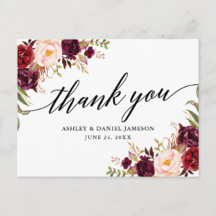 Kalligrafie Bordeaux Florale Hochzeits Dankeschön Postkarte