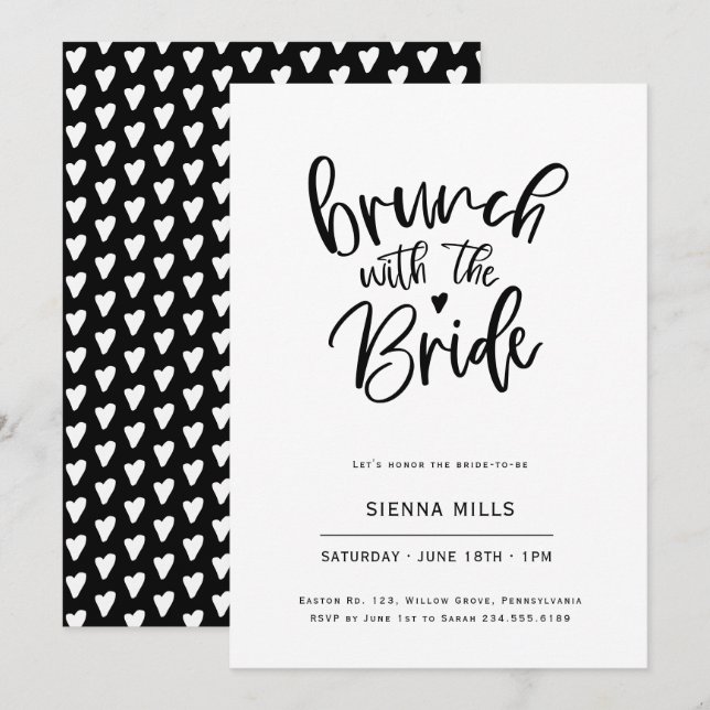 Kalligrafie Bridal Brunch in Schwarz und Weiß Einladung (Vorne/Hinten)