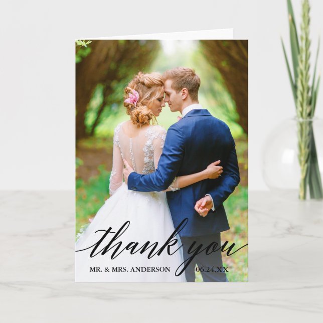 Kalligrafie | Bride Groom Wedding Foto Falte Dankeskarte (Vorderseite)