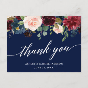 Kalligrafie Burgunder Florale Hochzeit Blau Danke Postkarte