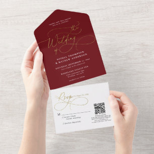 Kalligrafie Burgunder Gold QR Code Hochzeit All In One Einladung
