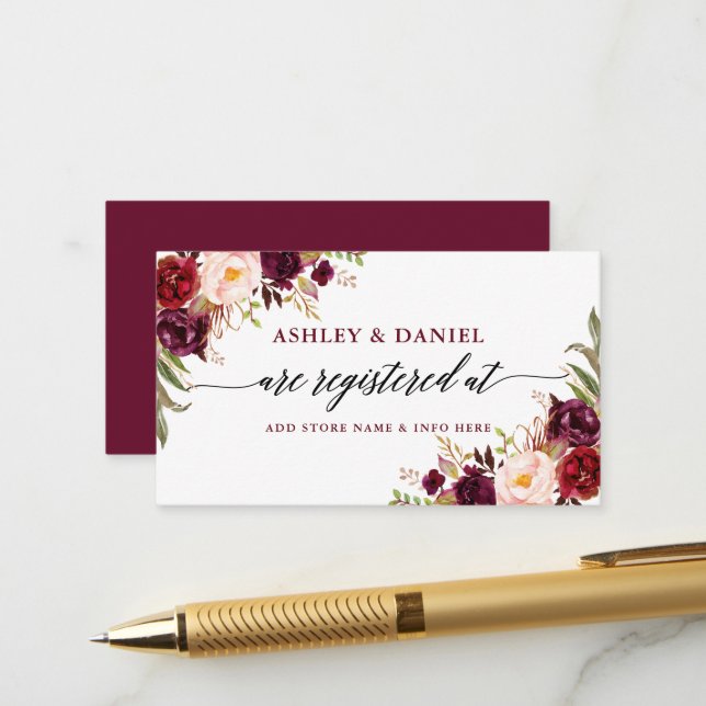 Kalligrafie Burgundy Floral Wedding Registry Begleitkarte (Vorderseite/Rückseite Beispiel)