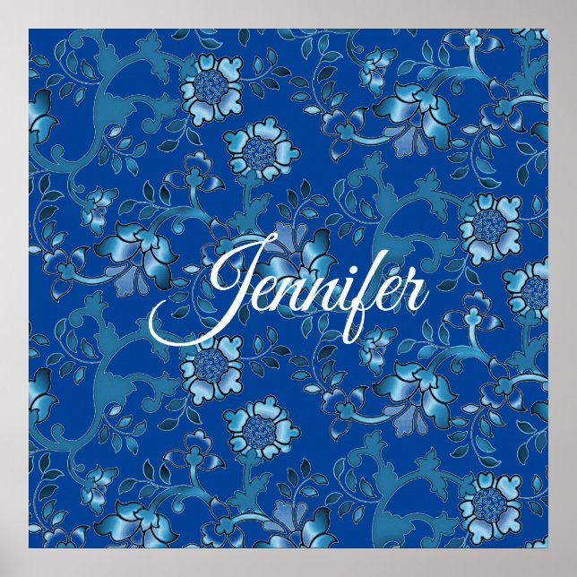 Kalligrafie Elegant Blaue Florale Benutzerdefinier Poster (Vorne)