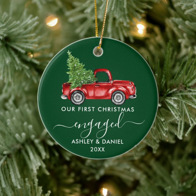 Kalligrafie Erster WeihnachtsVerlobter LKW Grün Keramik Ornament (Baum)