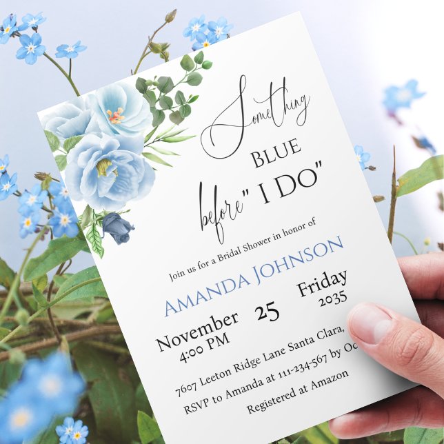 Kalligrafie Etwas Blue Floral Brautparty Einladung (Von Creator hochgeladen)