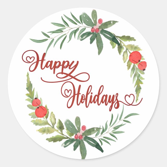Kalligrafie Happy Holidays botanischer Kranz Runder Aufkleber (Vorderseite)