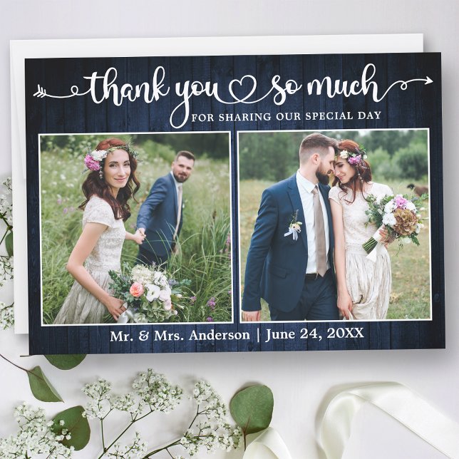 Kalligrafie Herz Blau Holz 2 Foto Hochzeit Dankeskarte (Customize to change your personalized text size or text style.)