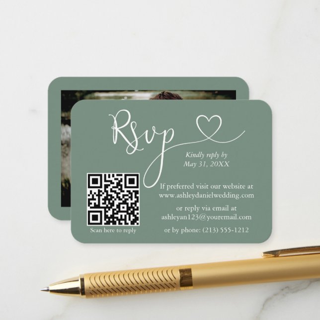Kalligrafie Herz Foto Hochzeitssage Grün UAWG QR Begleitkarte (Vorderseite/Rückseite Beispiel)
