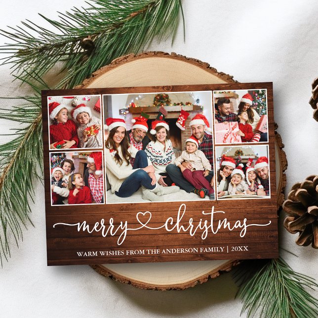 Kalligrafie Herz Holz Weihnachten 5 Foto Urlaub Postkarte (Customize to change your personalized text size or text style.)