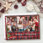 Kalligrafie Herz Kariert 3 Foto Weihnachtswagen Feiertagskarte<br><div class="desc">Moderne Kalligraphie Herzstück Script 3 Foto Familienfoto Collage Rustikales Rotes Buffalo Kariert Frohe Weihnachtskarte - Aquarell Vintager roter LKW mit Christbaum</div>