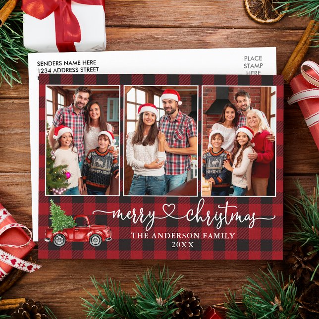 Kalligrafie Herz Kariert 3 Foto Weihnachtswagen Postkarte (Customize to change your personalized text size or text style.)