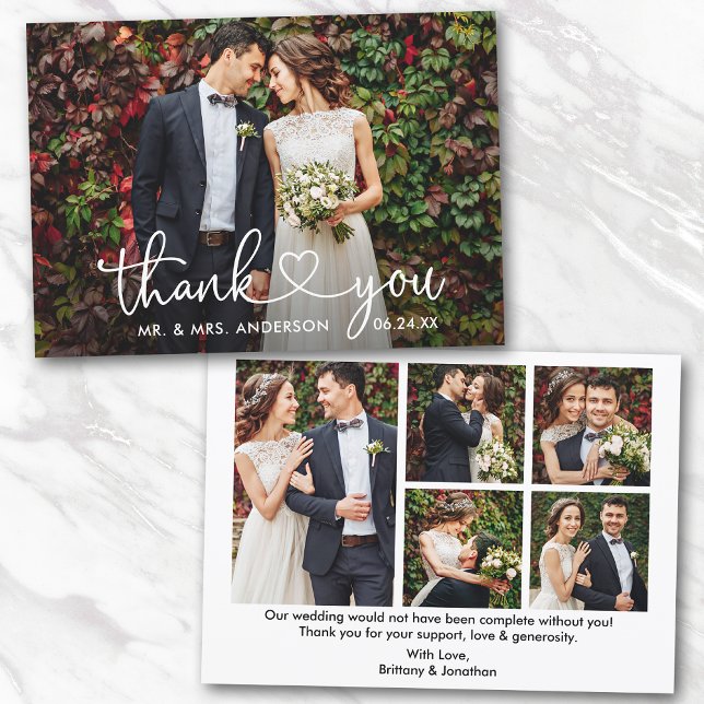 Kalligrafie Herz Wedding Bride Groom 6 Fotos Dankeskarte (Customize to change your personalized text size or text style.)