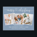 Kalligrafie Herz Weihnachten 3 Foto Dusty Blue Postkarte<br><div class="desc">Moderne Kalligraphie Herzensschrift Weihnachten 3 Foto Weihnachtskarte - Dusty Blue</div>