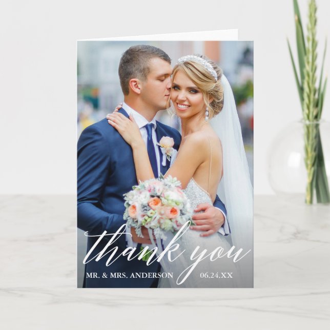 Kalligrafie Hochzeitbride Groom Foto Falten Dankeskarte (Vorderseite)