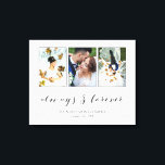 Kalligrafie immer und für immer HochzeitfotoCollag Leinwanddruck<br><div class="desc">Wunderschöner Leinwand mit einer Hochzeitskollage aus Foto mit drei Fotos in dünnen grauen Rahmen auf weißem Druck. Immer und für immer in einem wunderschönen dunkelgrauen Kalligraphieskript geschrieben. Personalisieren Sie mit drei Fotos,  Ihren Namen und dem Hochzeitstag!</div>