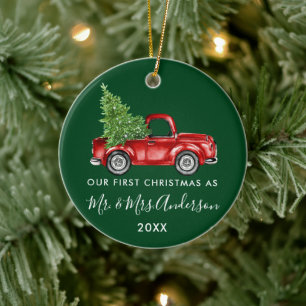Kalligrafie-LKW Erstes Weihnachten Herr Frau Grün Keramik Ornament