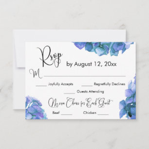 Kalligrafie-Menüauswahl mit blauer Hortensie-RSVP RSVP Karte
