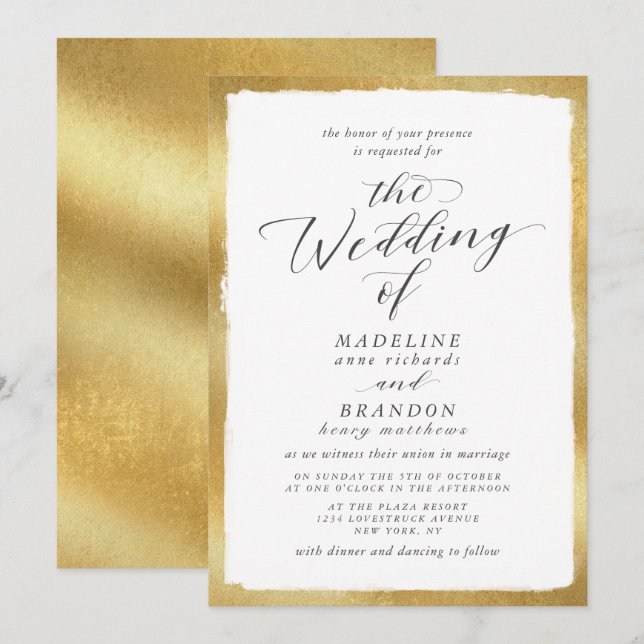 Kalligrafie mit Gold Edge Classic Luxury Wedding Einladung (Vorne/Hinten)