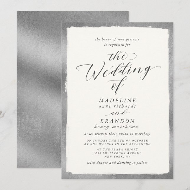 Kalligrafie mit Silver Edge Luxury Wedding Einladung (Vorne/Hinten)