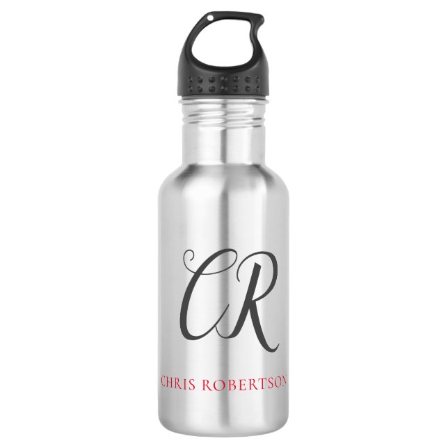 Kalligrafie Monogram Name Black Gray Custom Gift Edelstahlflasche (Vorderseite)