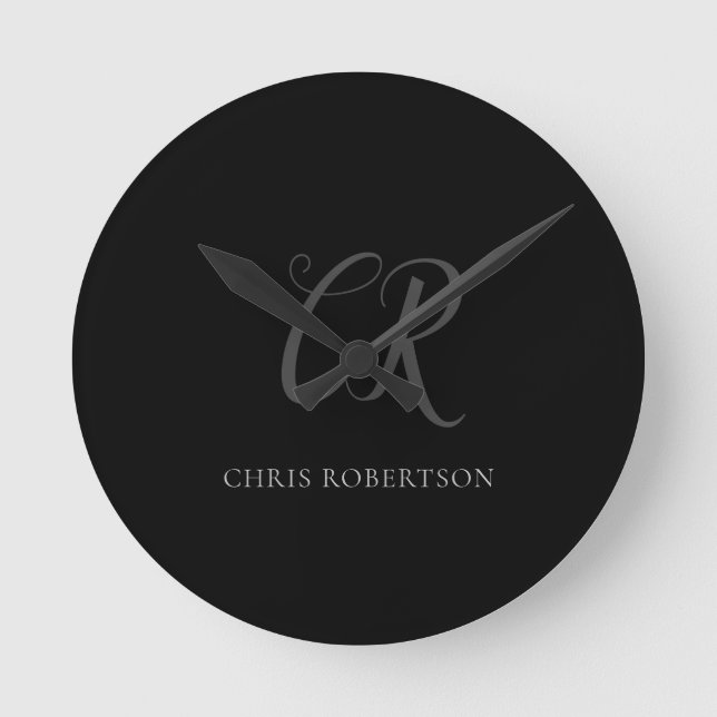 Kalligrafie Monogram Name Black Gray Custom Gift Runde Wanduhr (Vorderseite)
