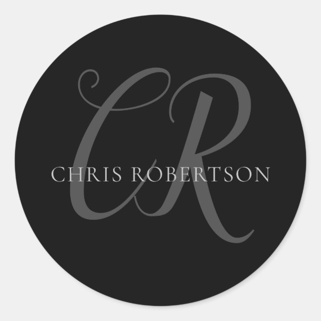 Kalligrafie Monogram Name Black Gray Custom Gift Runder Aufkleber (Vorderseite)