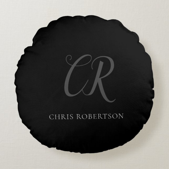 Kalligrafie Monogram Name Black Gray Custom Gift Rundes Kissen (Vorderseite)