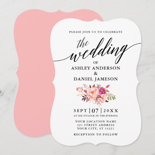 Kalligrafie Pink Blush Bloral Hochzeit Einladung (Vorne/Hinten)