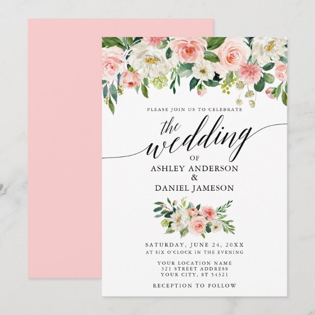 Kalligrafie Pink Blush Bloral Hochzeit Einladung (Vorne/Hinten)