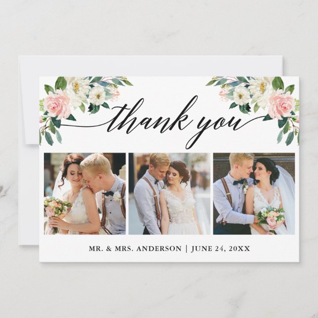 Kalligrafie Pink White Floral Wedding 3 Foto Dankeskarte (Vorderseite)