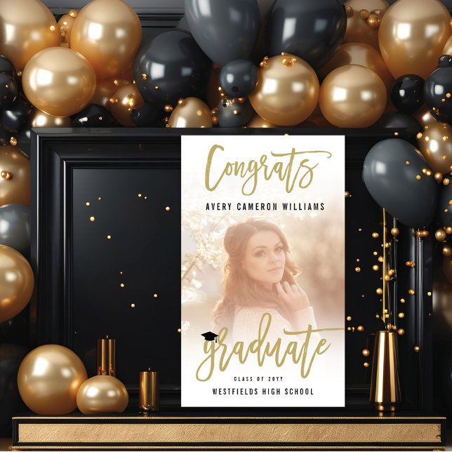 Kalligrafie-Pinsel-Schriftfoto-Abschlussfeier Banner (Calligraphy Gold Brush Script Stylish Photo Graduation Party Banner @ www.zazzle.com/color_therapy)